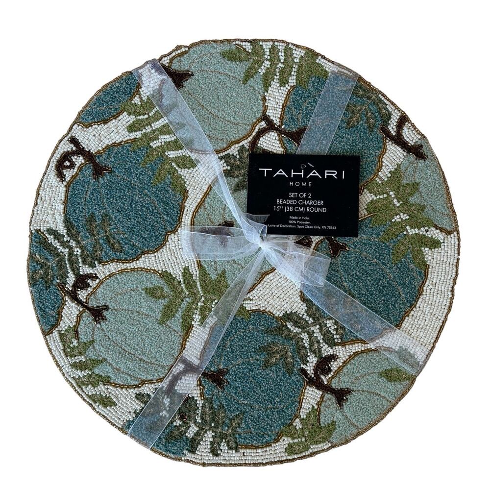 2pc Tahari Beaded Pumpkin Placemats 15in Round Blue Green Fall Thanksgiving NEW